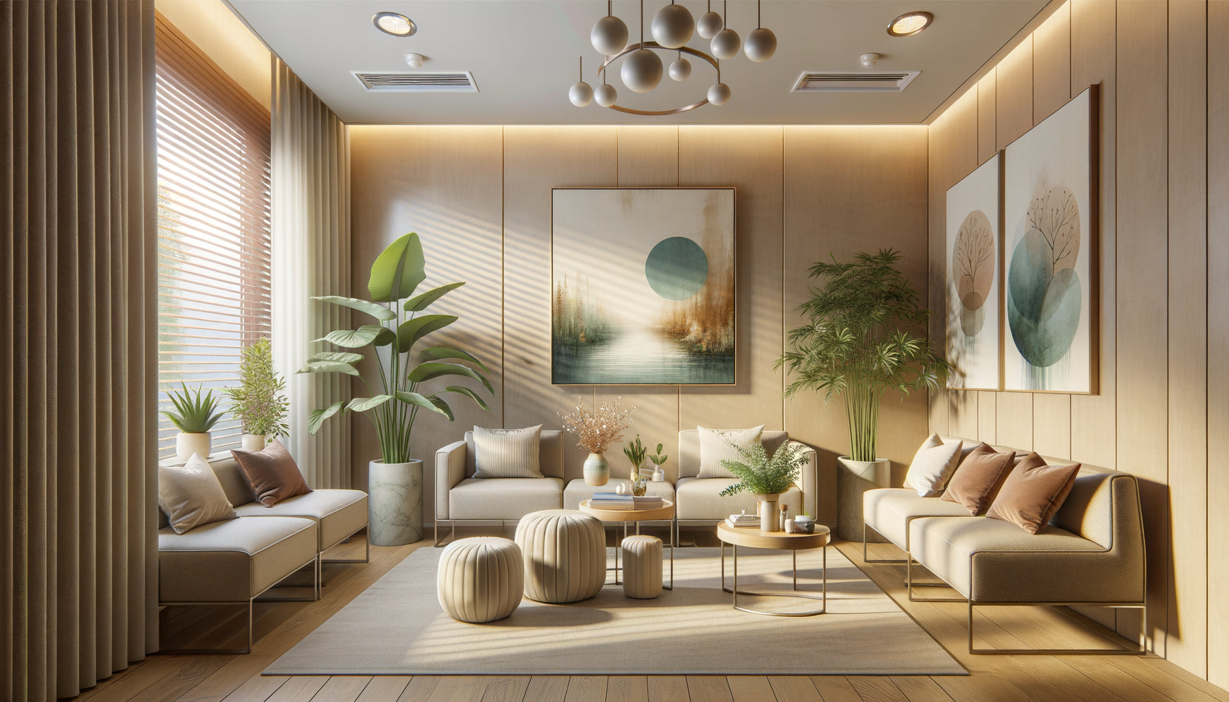 Salle d'attente médicale chaleureuse avec tableaux apaisants aux couleurs douces et encadrements naturels