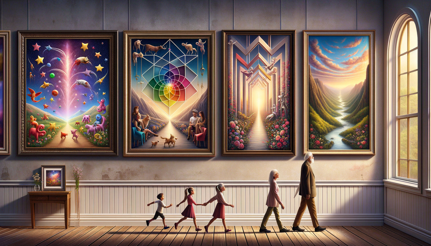 Évolution de quatre tableaux cadeaux adaptés à chaque âge, de l'enfance ludique à la maturité raffinée