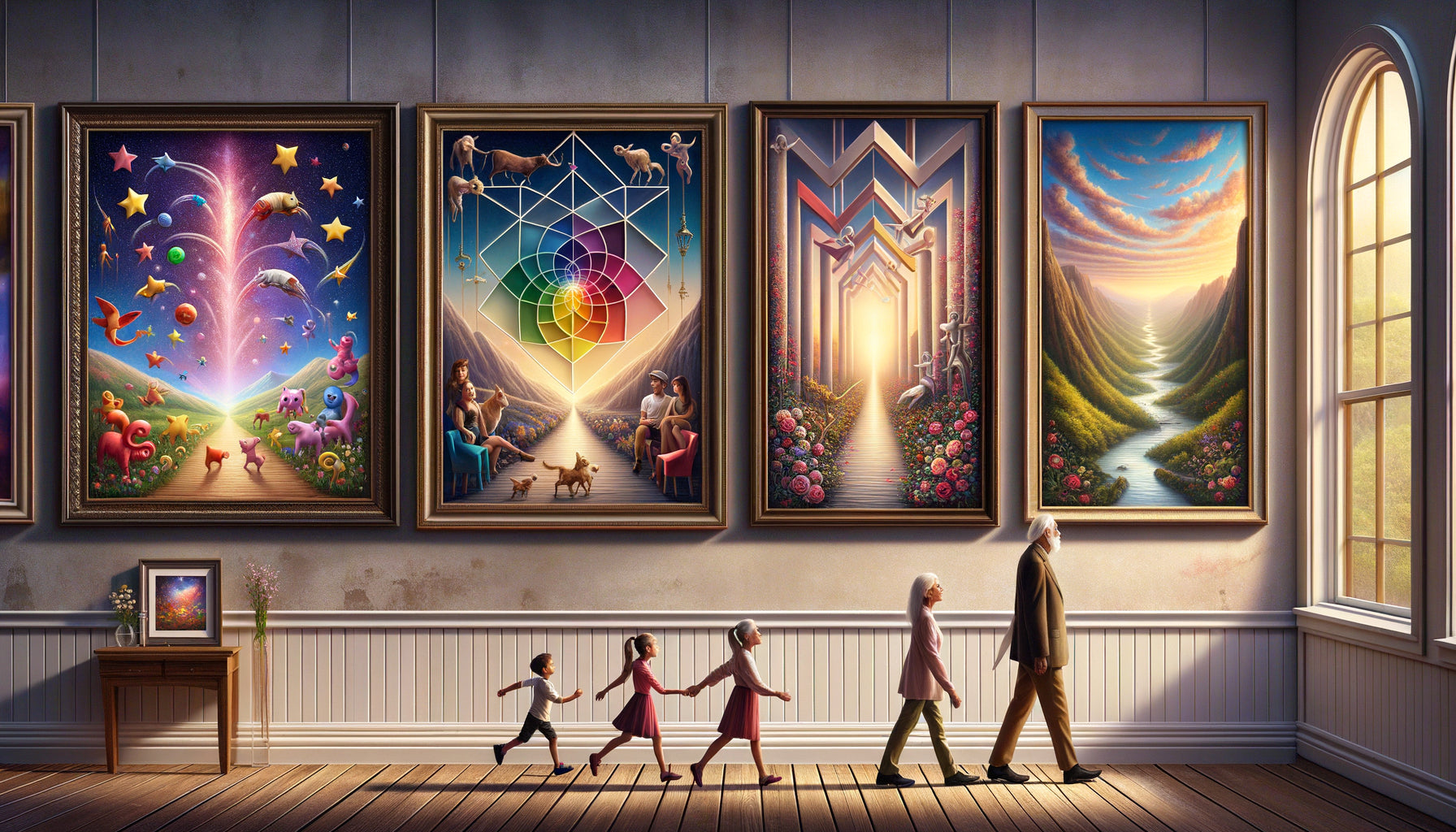 Évolution de quatre tableaux cadeaux adaptés à chaque âge, de l'enfance ludique à la maturité raffinée