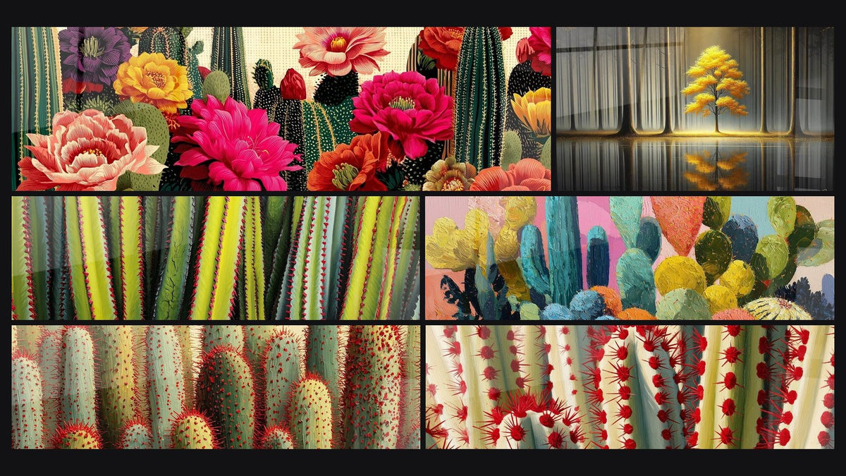 Mosaico di sei quadri, tra cui Cactus e Fiori Multicolori su Fondo Crema, Cactus Multicolori Espressivi e Tranquillità Eterna