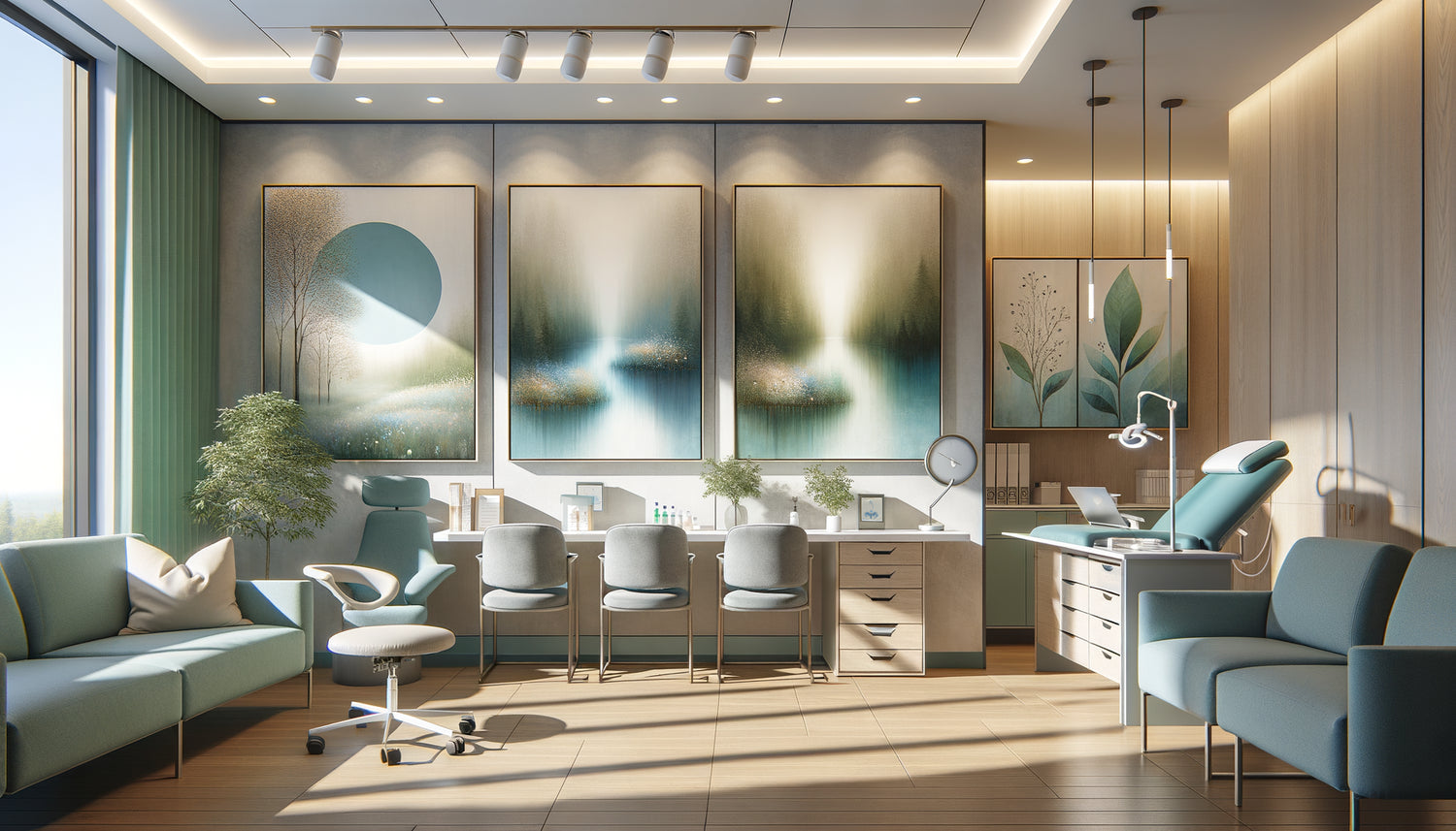 Vue intérieure d'un cabinet médical moderne avec tableaux coordonnés créant harmonie visuelle entre espaces