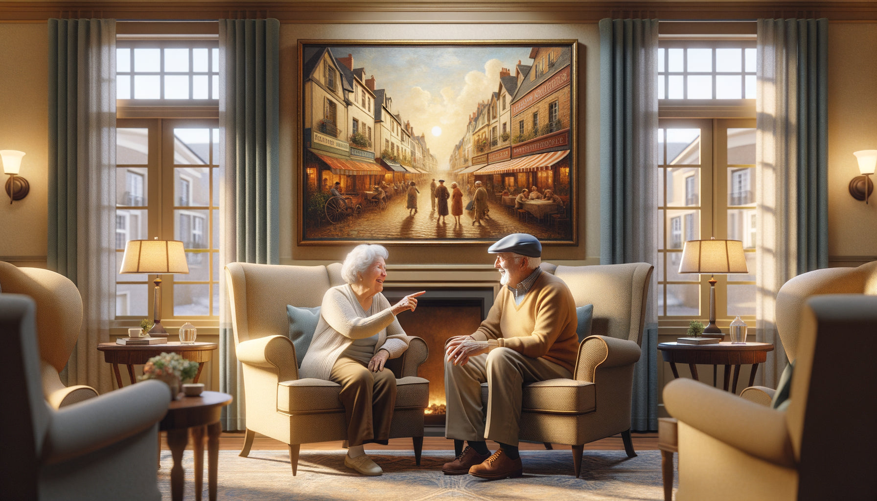 Résidents seniors conversant avec animation devant tableau évocateur dans salon chaleureux de résidence
