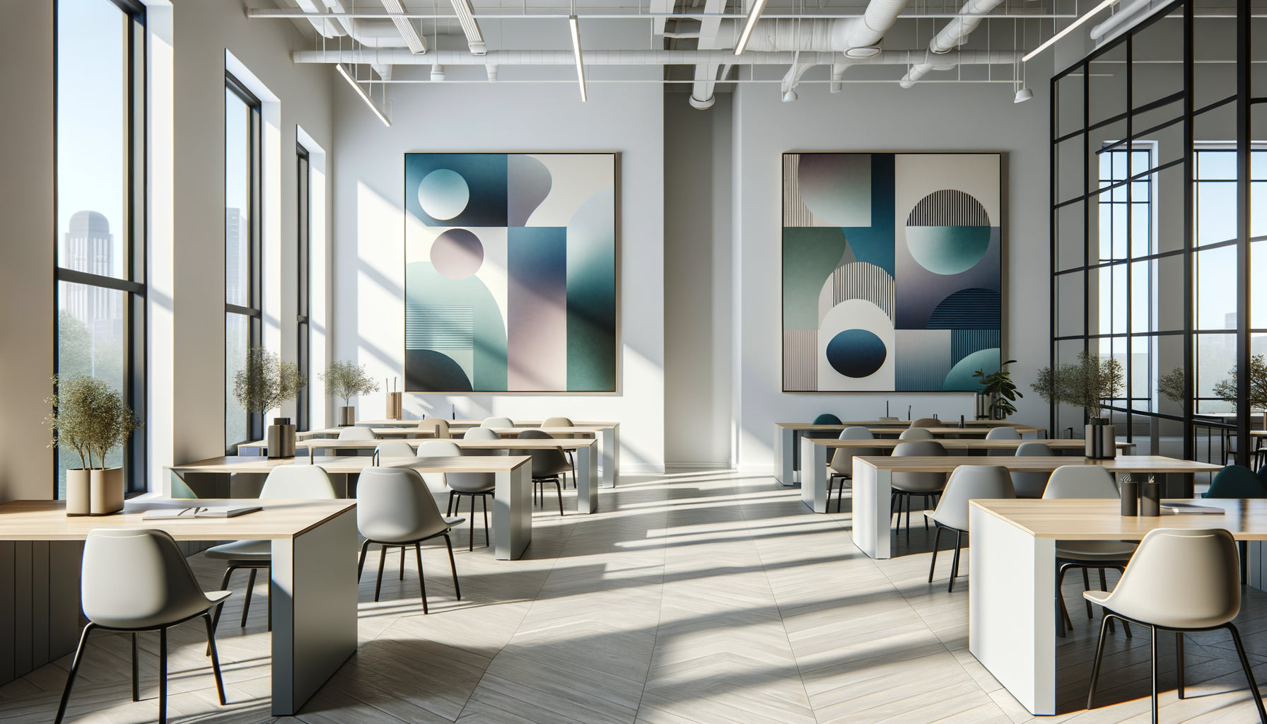 Espace de coworking contemporain avec tableaux muraux abstraits aux couleurs froides bleues et vertes, ambiance sereine et productive