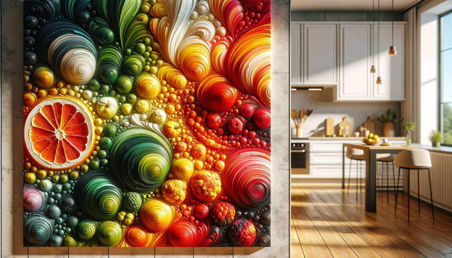 Tableaux abstraits aux couleurs vives rouge, orange et vert accrochés dans une cuisine moderne contemporaine