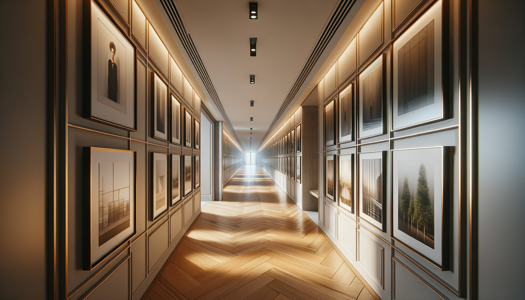 Couloir résidentiel contemporain avec tableaux espacés créant des pauses visuelles qui segmentent l'espace