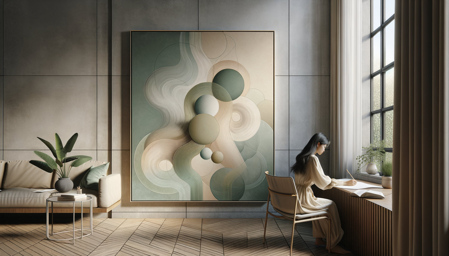 Espace créatif avec tableau abstrait minimaliste aux tons apaisants, illustrant l'équilibre entre stimulation et sérénité