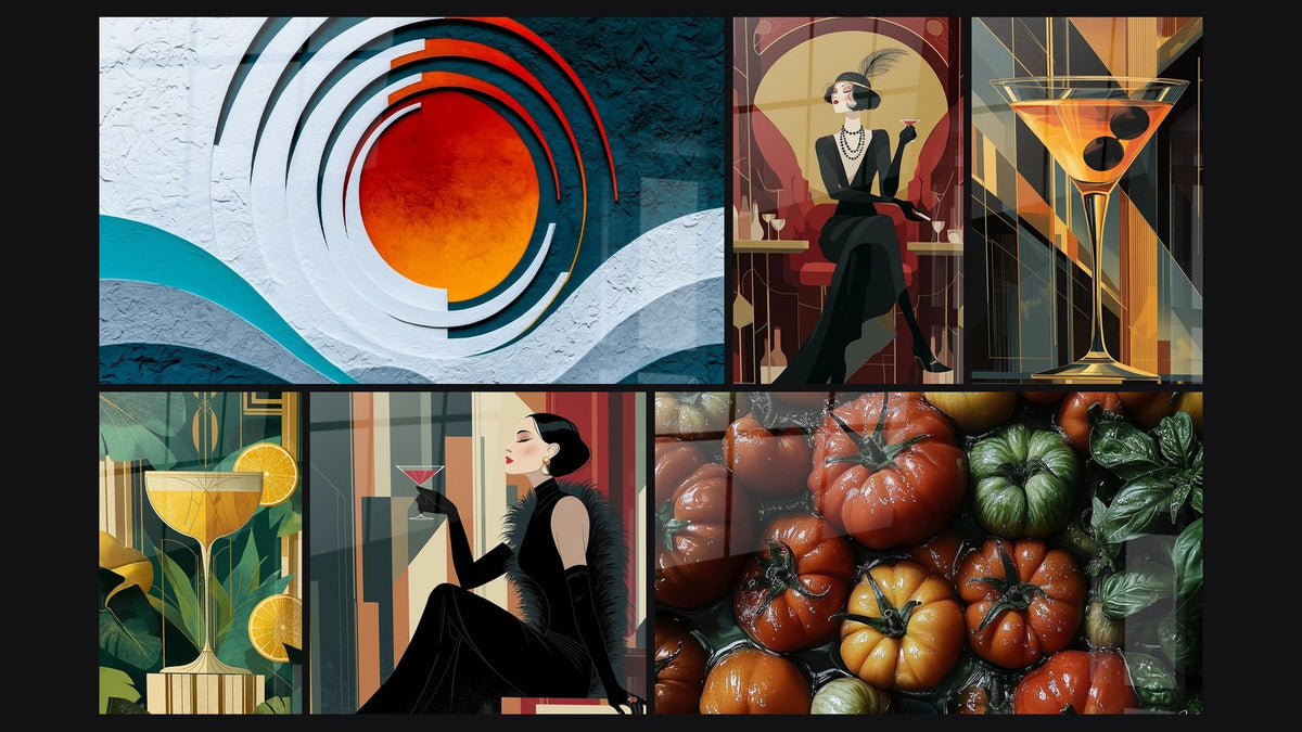 Mozaika sześciu obrazów, w tym Kobiety Eleganckiej w Stylu Art Deco, Kobiety Eleganckiej Przy Drinku i Pomidorowy nr 1