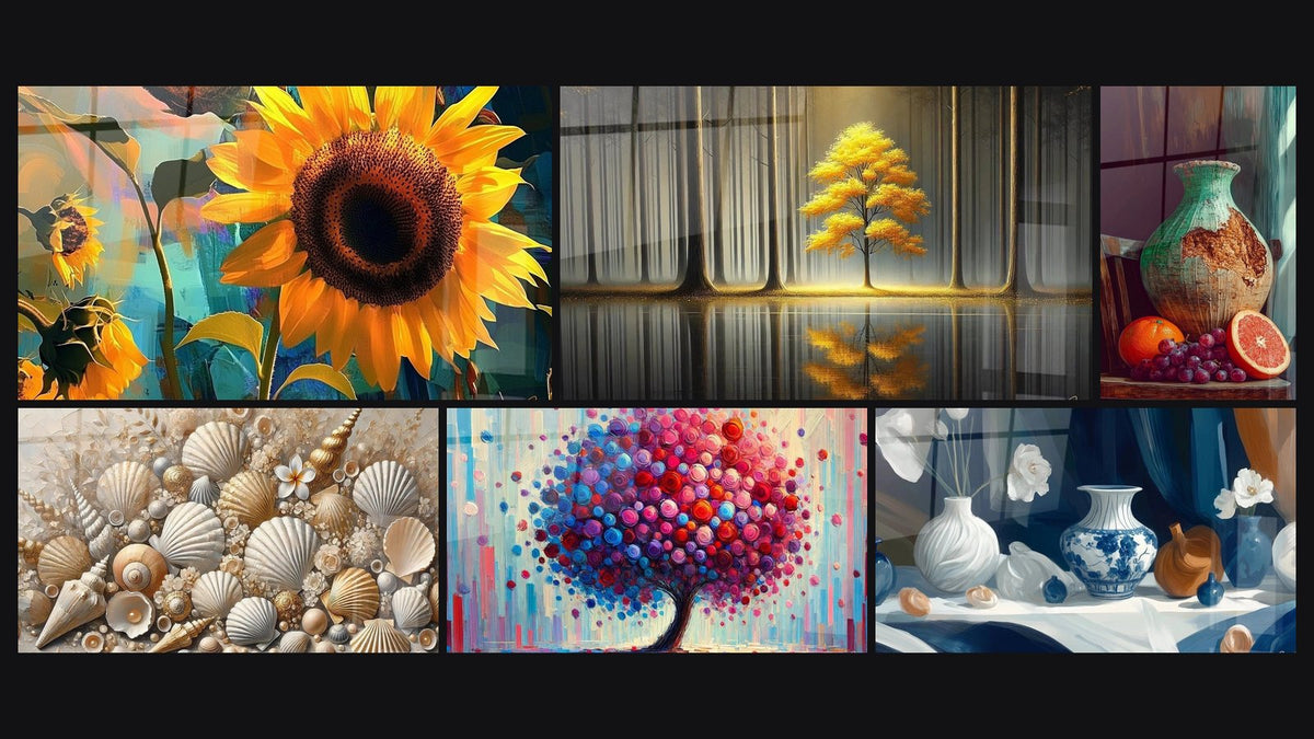 Mosaïque de six tableaux, dont Tournesol N°1, Joyaux des Sables et Tranquillité Éternelle