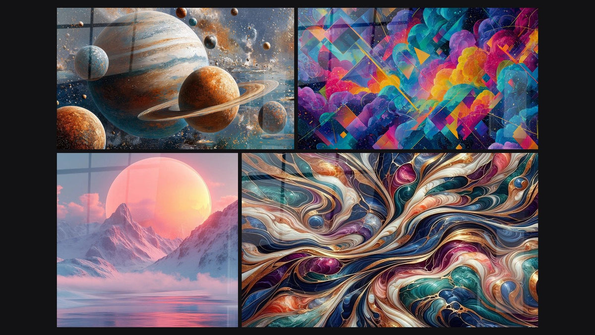 Mosaïque de quatre tableaux, dont Planètes système solaire, Cosmos Alpin et Formes géométriques cosmos