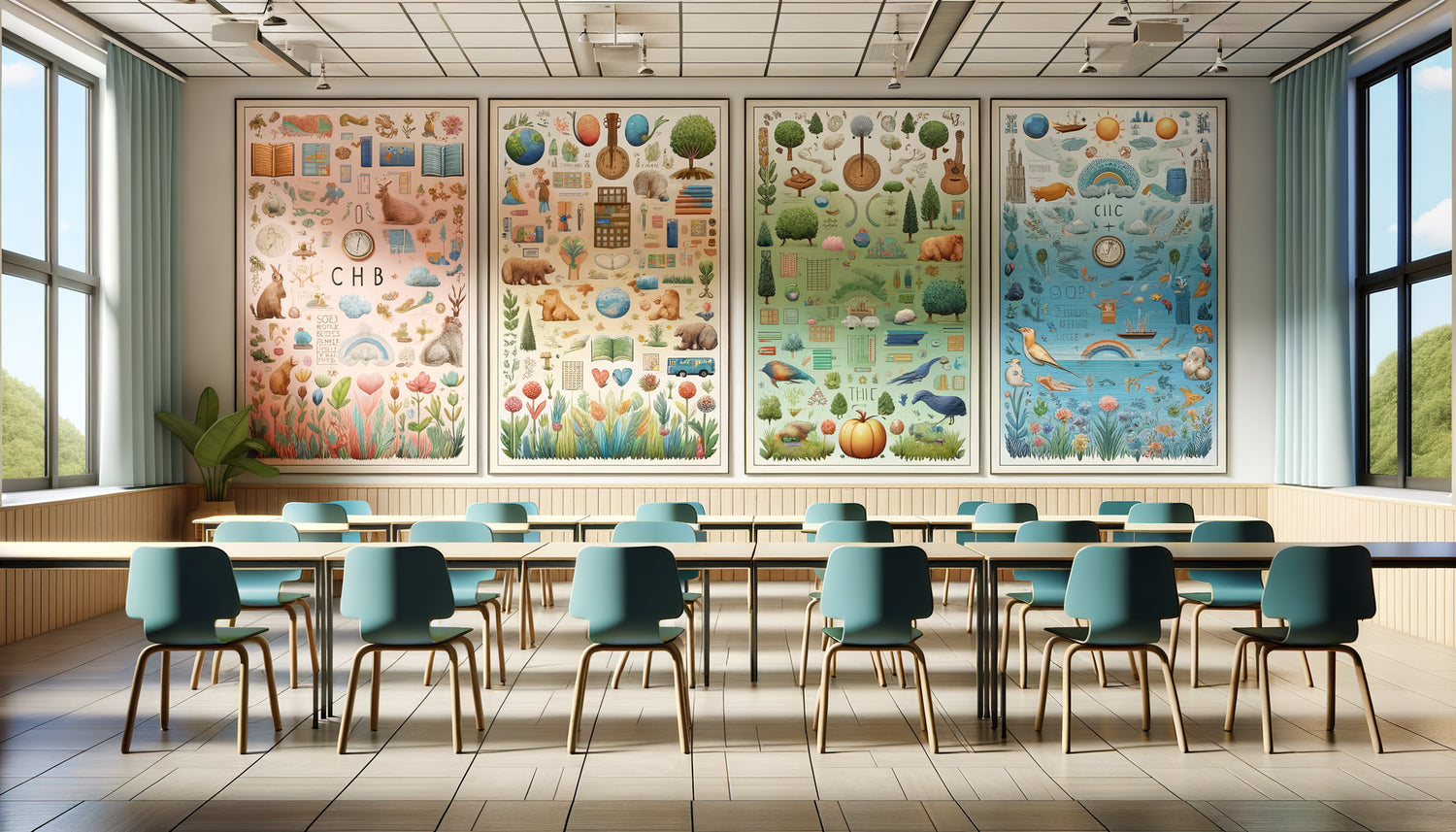 Mur pédagogique montrant tableaux adaptés maternelle primaire collège avec couleurs pastel formes douces illustrations riches œuvres inspirantes