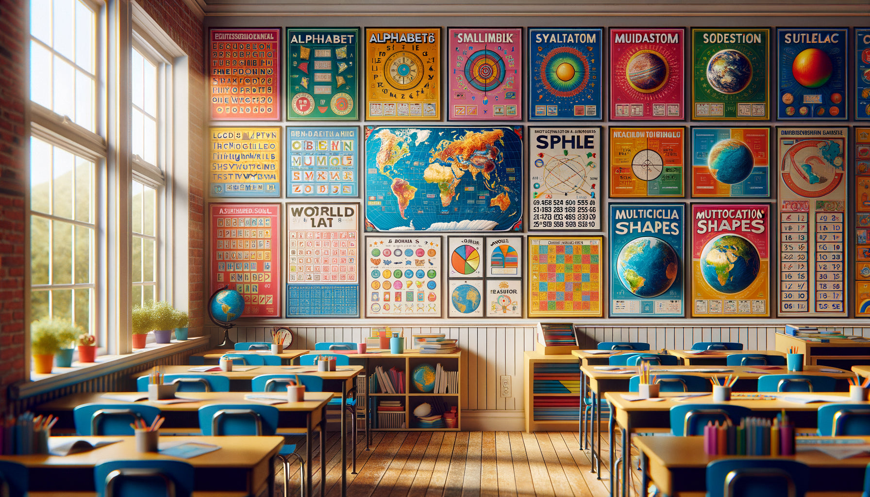 Mur de classe primaire avec tableaux éducatifs variés : alphabet illustré, carte du monde, tables de multiplication, schémas pédagogiques colorés