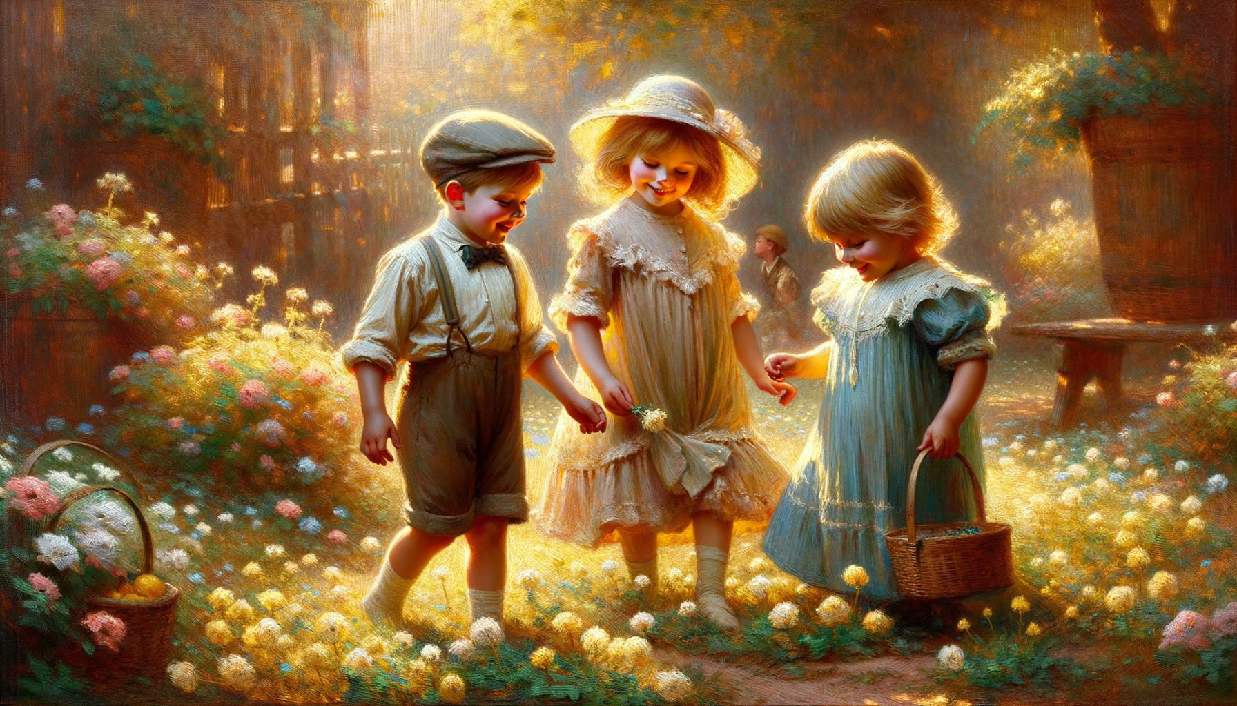 Peinture impressionniste d'enfants jouant dans un jardin ensoleillé, style fin 19ème siècle, atmosphère nostalgique et chaleureuse