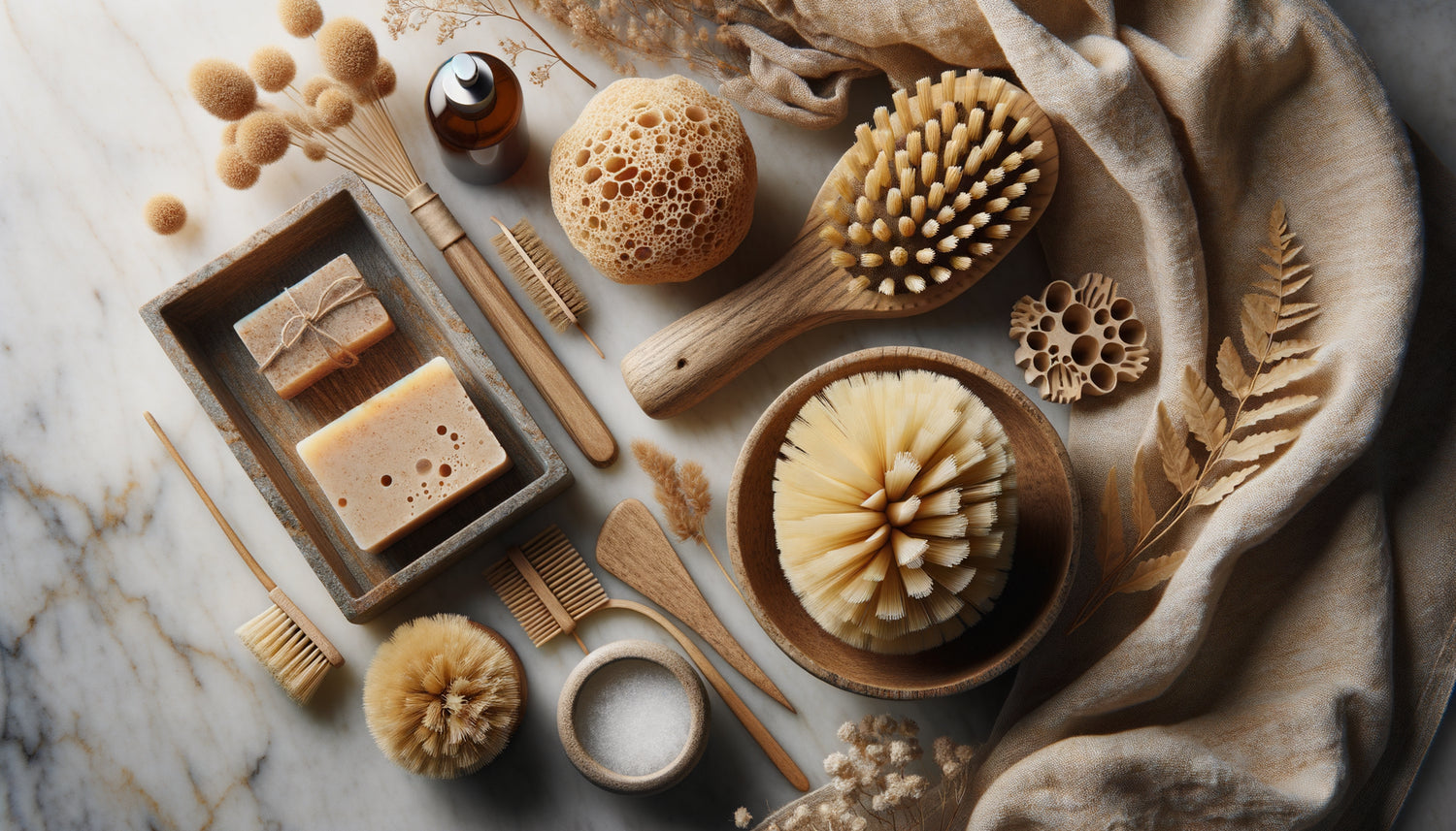 Composition organique d'éponges naturelles et brosses de bain avec textures authentiques et tons neutres créant une harmonie spa
