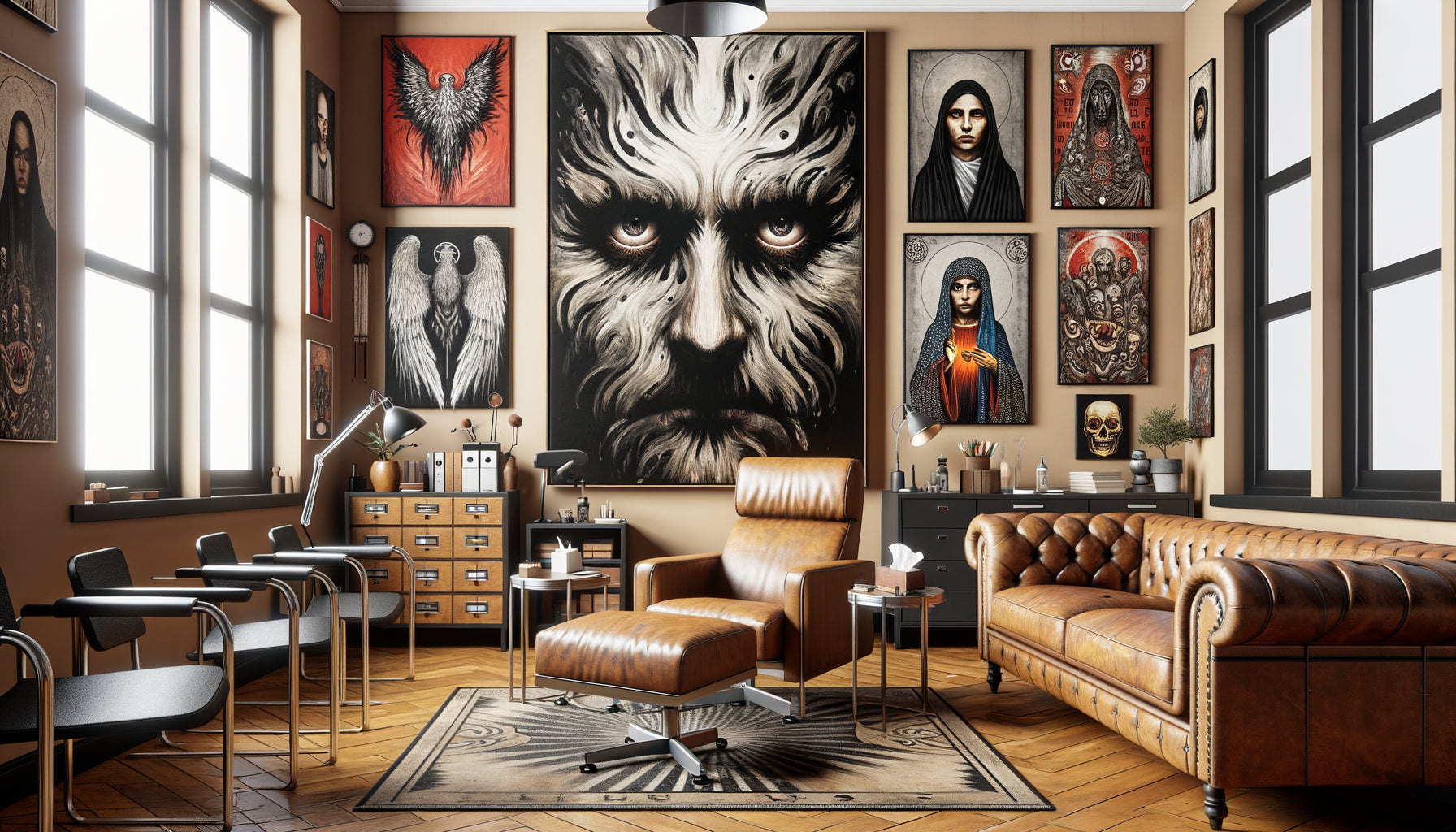 Cabinet de psychologie contemporain avec tableaux inadaptés : portrait scrutateur, abstraction agressive et symboles perturbants