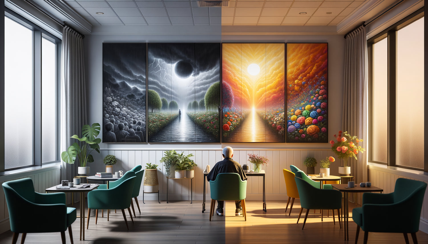 Comparaison visuelle entre tableaux déprimants sombres et œuvres lumineuses positives adaptées aux résidences seniors