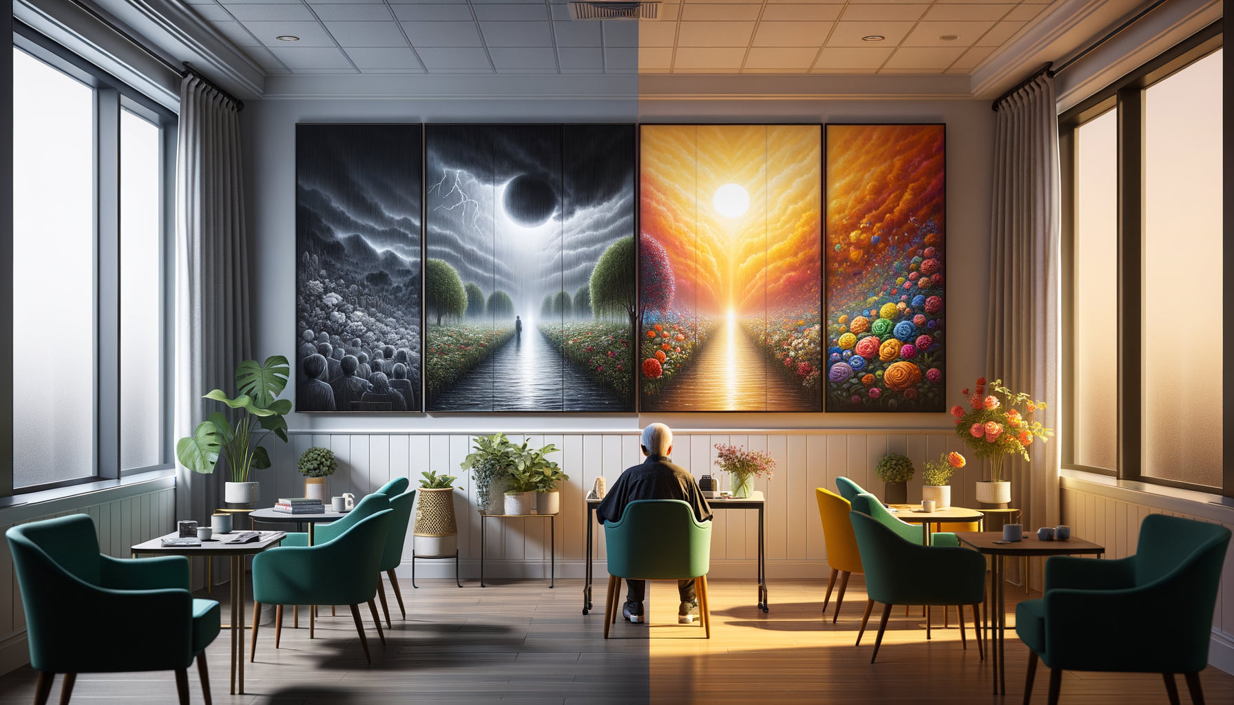 Comparaison visuelle entre tableaux déprimants sombres et œuvres lumineuses positives adaptées aux résidences seniors