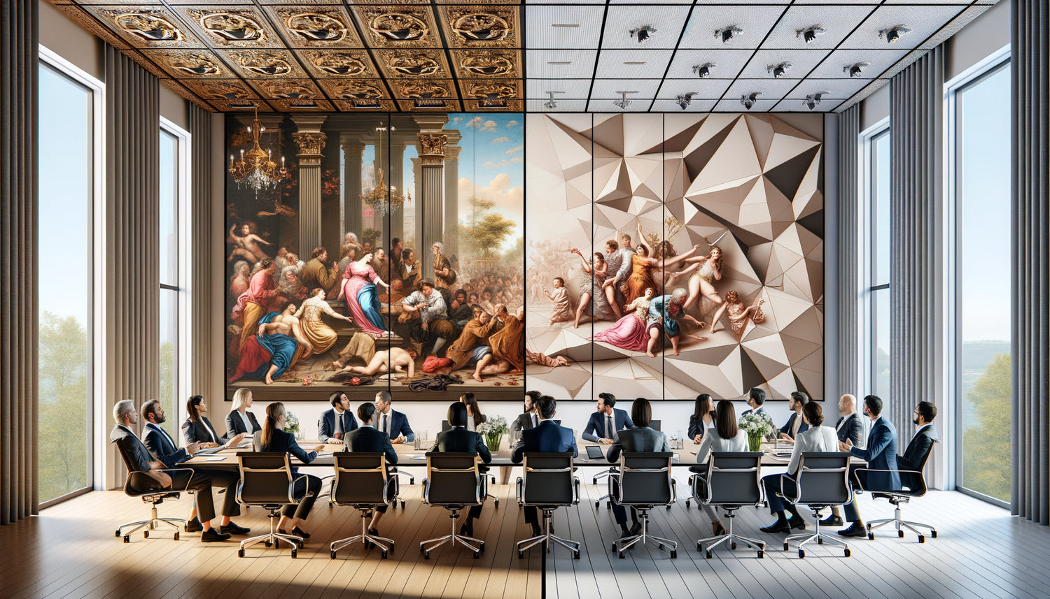 Comparaison salle de réunion moderne avec tableau figuratif distrayant versus tableau abstrait favorisant la concentration professionnelle