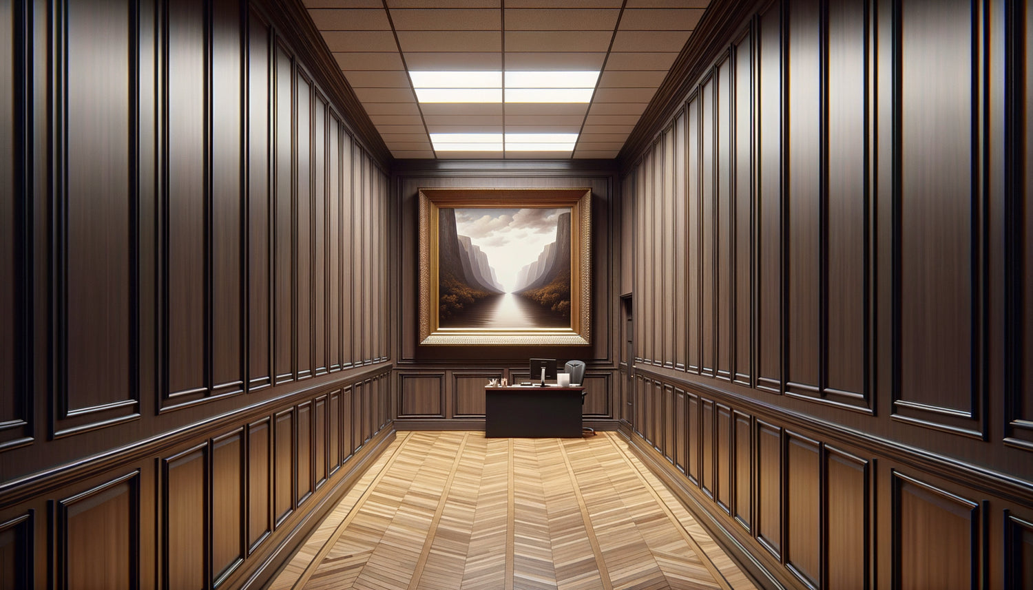 Couloir étroit d'étude notariale avec tableau horizontal surdimensionné créant un effet d'oppression visuelle