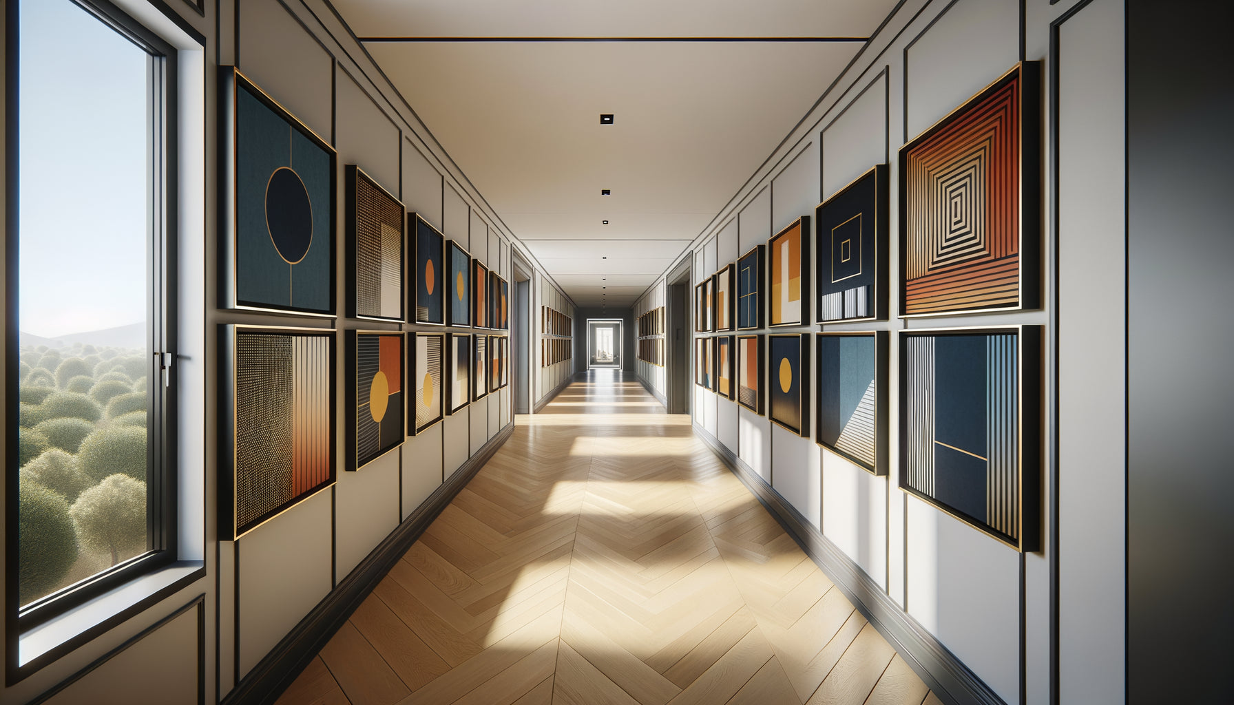 Long couloir contemporain avec série de tableaux abstraits géométriques disposés rythmiquement pour briser l'effet tunnel