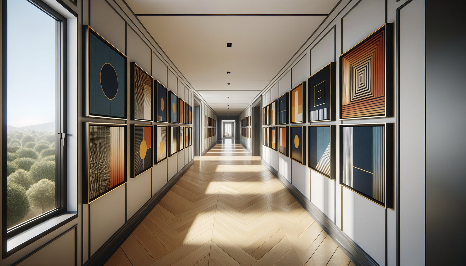 Long couloir contemporain avec série de tableaux abstraits géométriques disposés rythmiquement pour briser l'effet tunnel