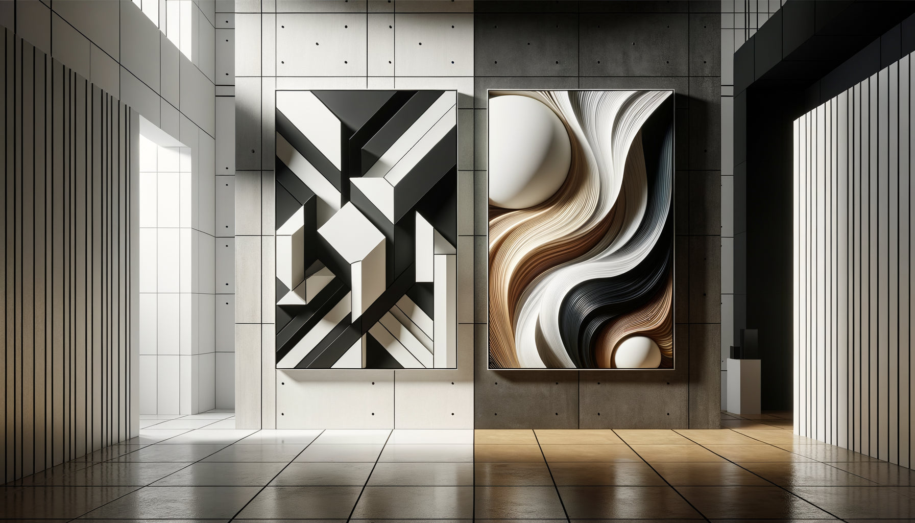 Comparaison visuelle entre tableau géométrique structurant et tableau organique aux formes fluides dans un intérieur contemporain