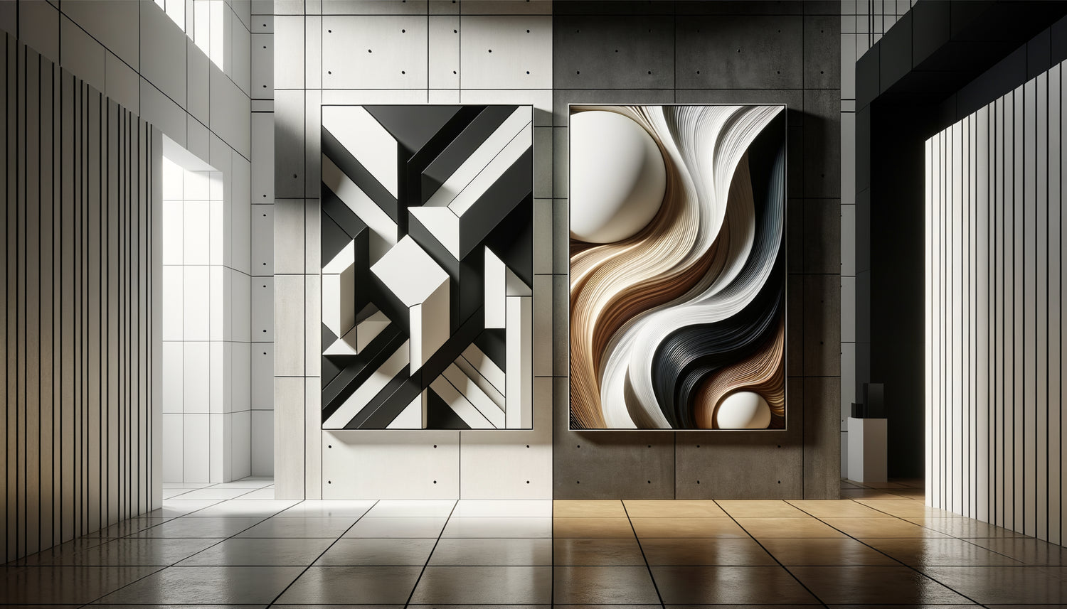 Comparaison visuelle entre tableau géométrique structurant et tableau organique aux formes fluides dans un intérieur contemporain