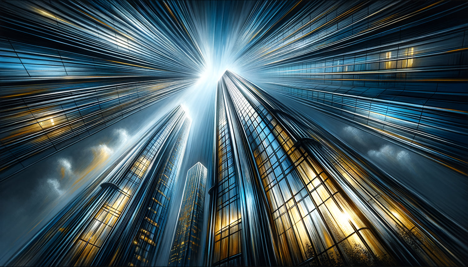 Tableau contemporain de gratte-ciels en contre-plongée dramatique symbolisant l'ambition corporative et l'aspiration humaine