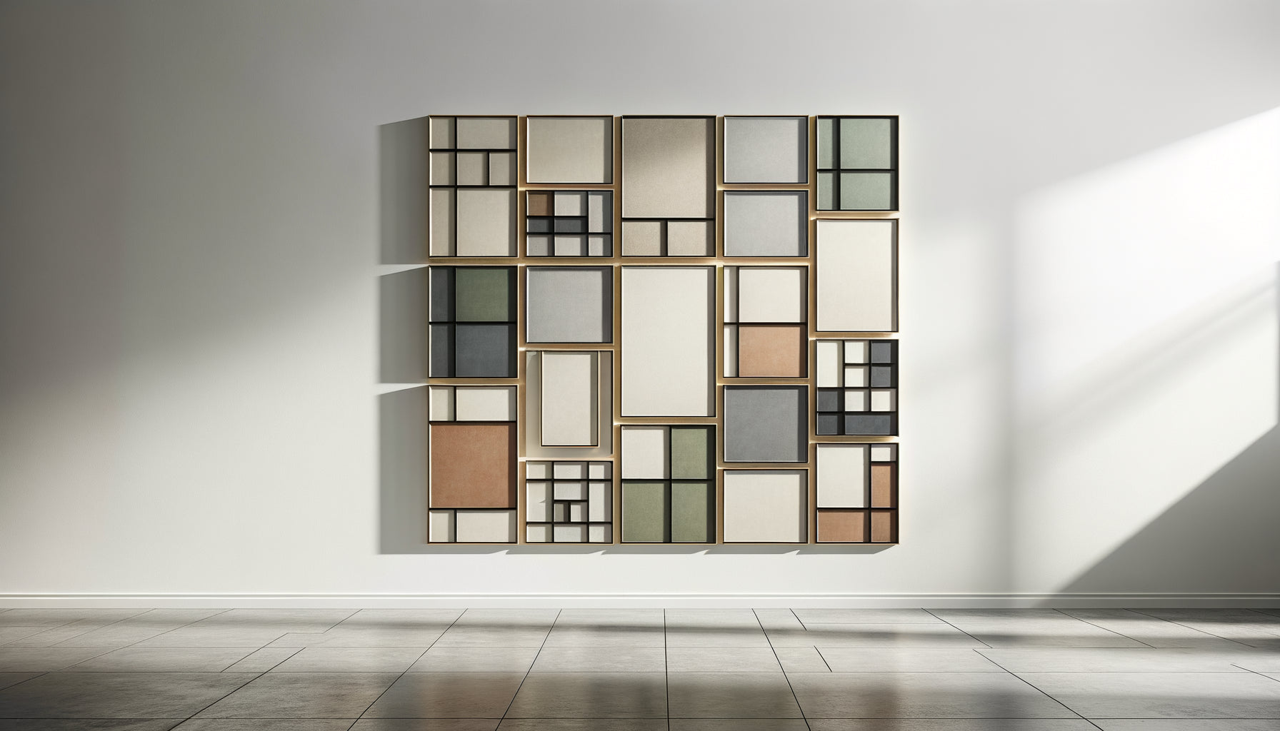 Mur avec neuf tableaux disposés en grille symétrique 3x3, arrangement géométrique harmonieux créant une structure visuelle apaisante