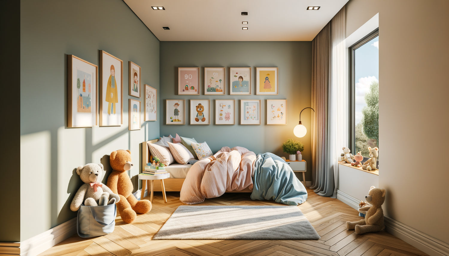 Chambre d'enfant contemporaine avec tableaux colorés accrochés à hauteur d'yeux d'enfant sur mur pastel