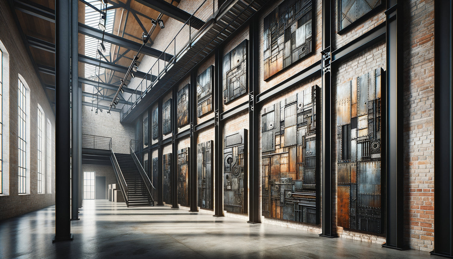 Couloir de loft industriel avec murs en briques apparentes et tableaux style factory encadrés métal noir
