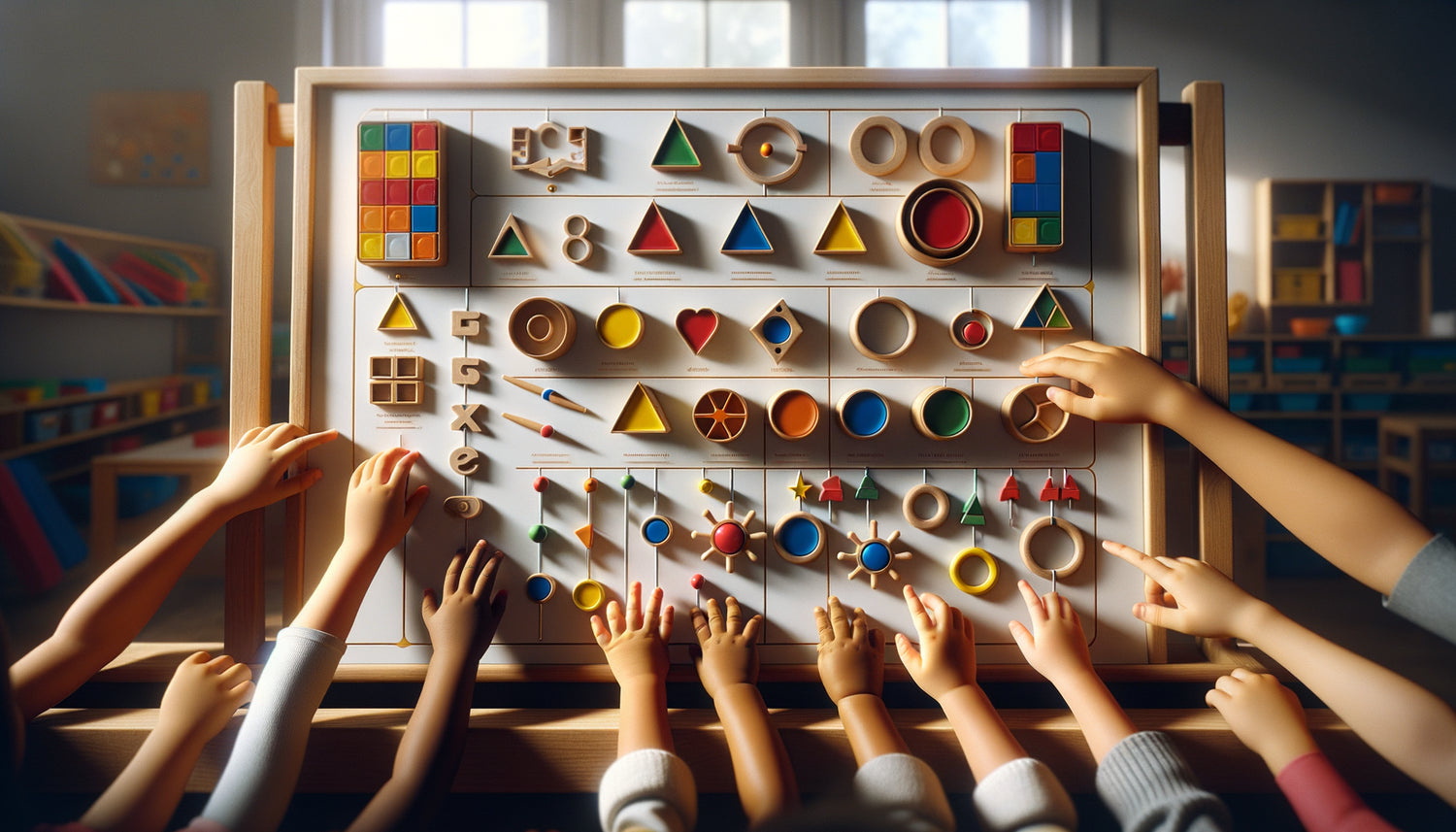 Enfants manipulant des éléments magnétiques éducatifs sur tableau blanc dans classe Montessori, pédagogie interactive flexible