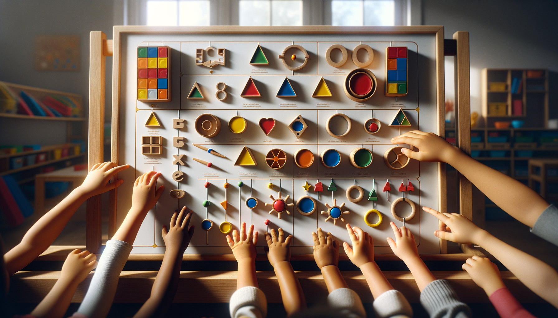 Enfants manipulant des éléments magnétiques éducatifs sur tableau blanc dans classe Montessori, pédagogie interactive flexible