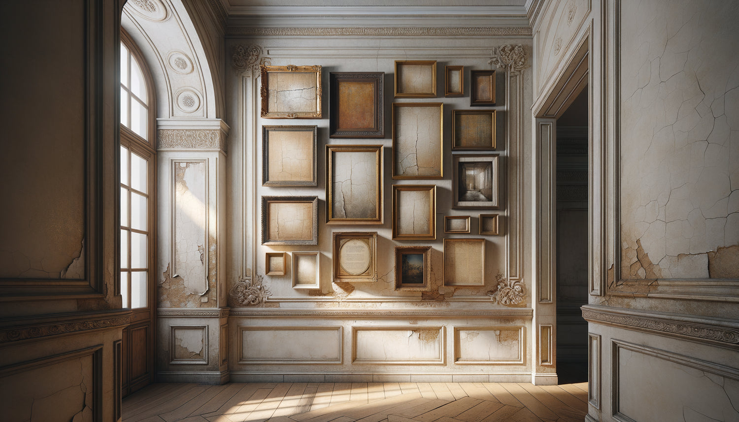 Mur de couloir ancien avec imperfections camouflées par arrangement stratégique de tableaux encadrés de différentes tailles