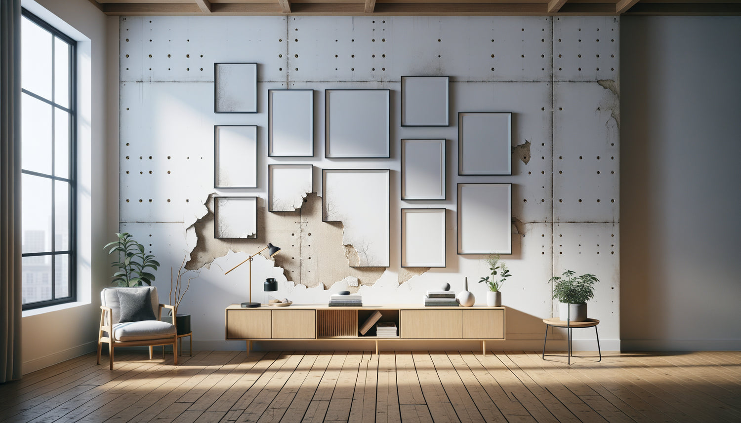 Mur d'appartement avec imperfections habilement dissimulées par des tableaux décoratifs modernes