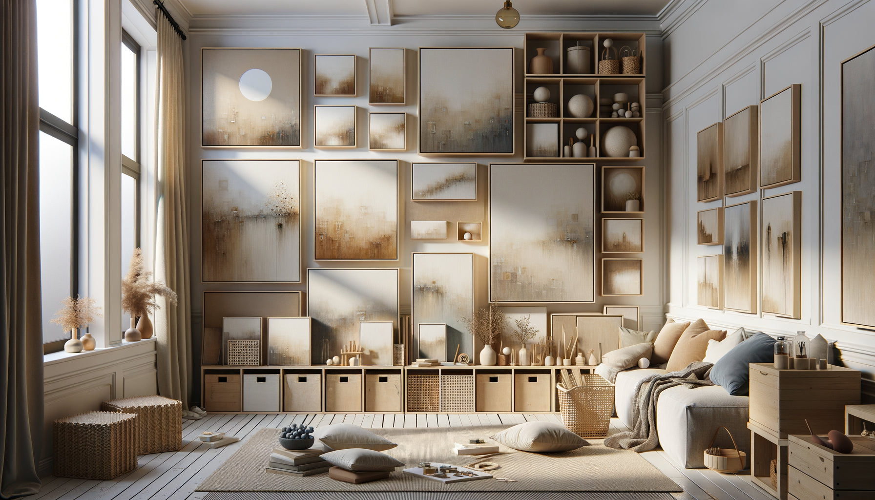 Collection modulable de tableaux aux formats variés et palettes neutres adaptables à différents espaces d'habitation