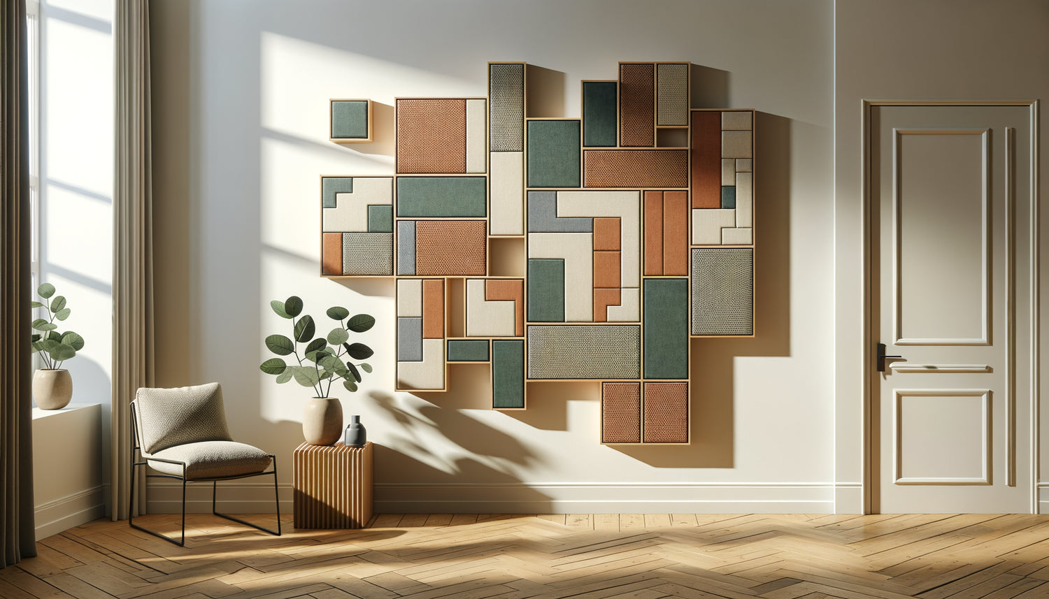 Système de tableaux modulables avec panneaux multiples repositionnables sur mur blanc dans intérieur contemporain minimaliste