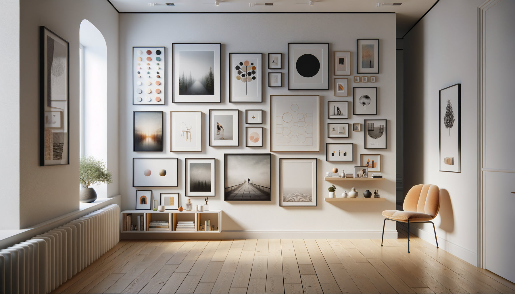 Mur blanc d'Airbnb avec tableaux disposés sur bandes adhésives et étagères flottantes sans trous