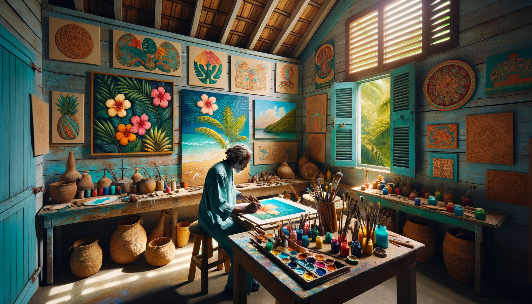 Atelier d'artisan créole des DOM-TOM créant des tableaux muraux aux motifs tropicaux authentiques et traditionnels