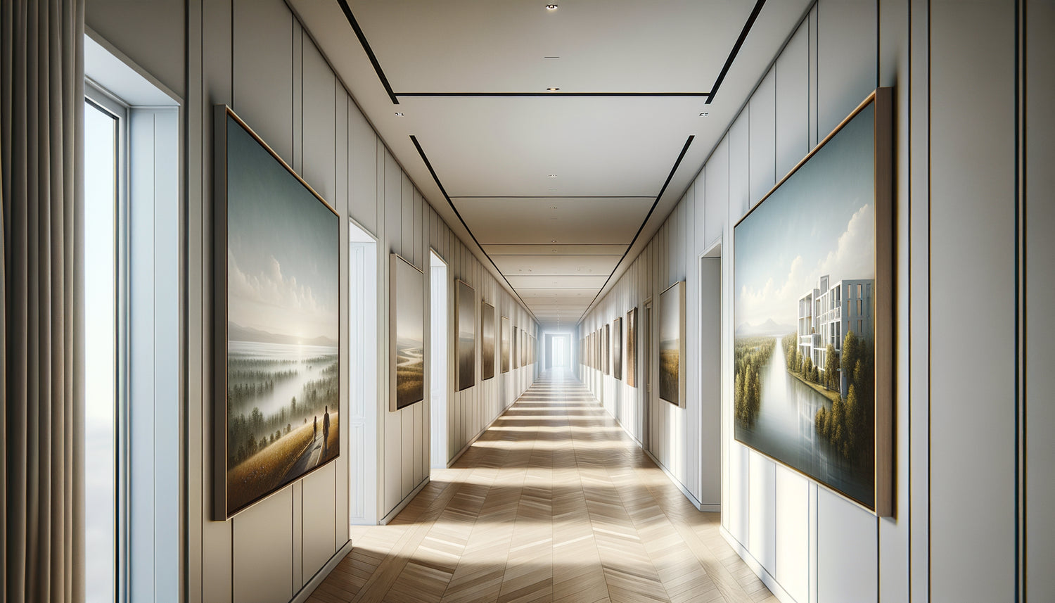 Couloir étroit moderne avec tableaux muraux stratégiquement placés créant une illusion de profondeur et d'agrandissement spatial
