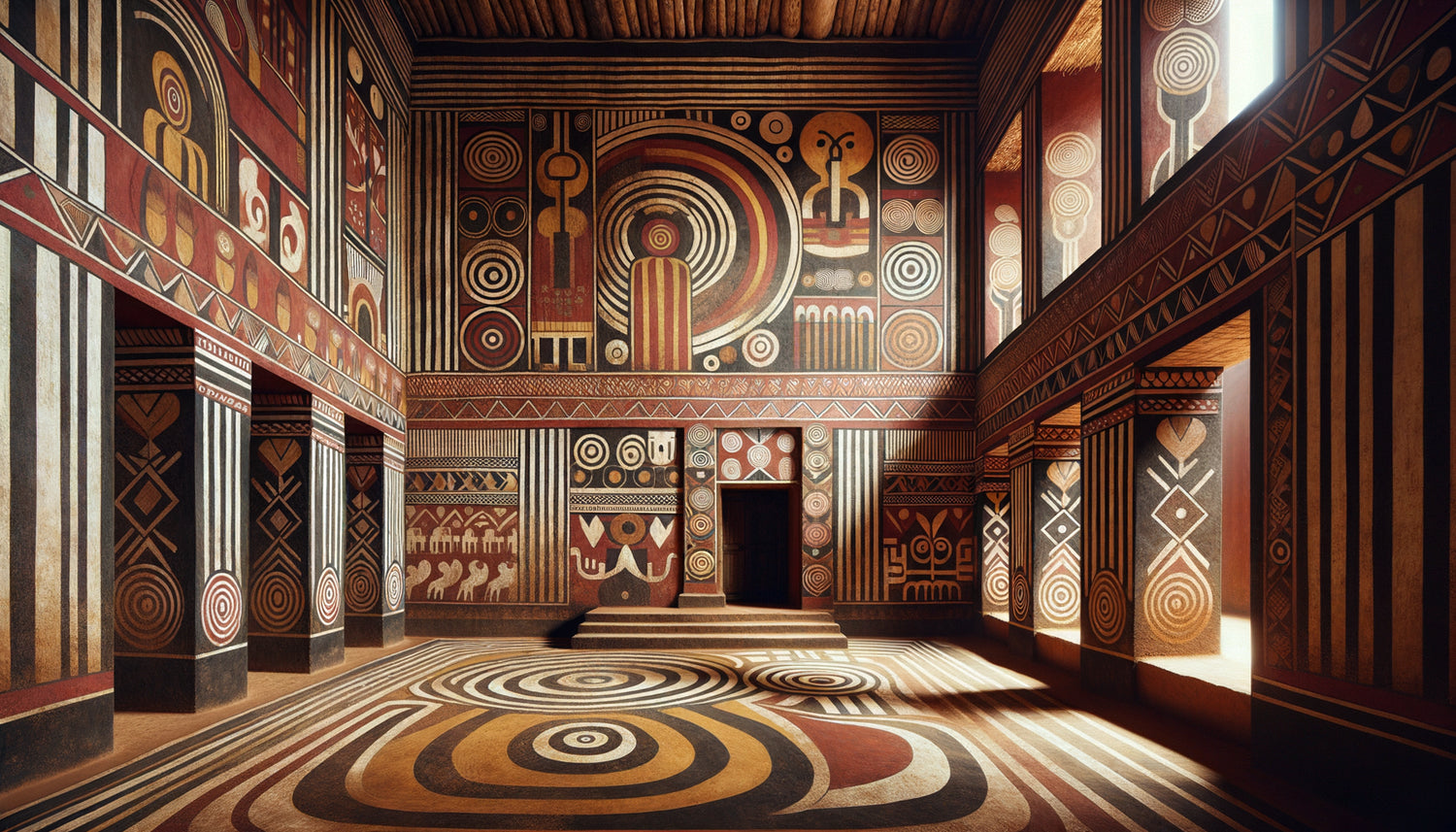 Fresque murale géométrique traditionnelle d'un palais royal rwandais de la dynastie Abanyiginya avec motifs symboliques dynastiques