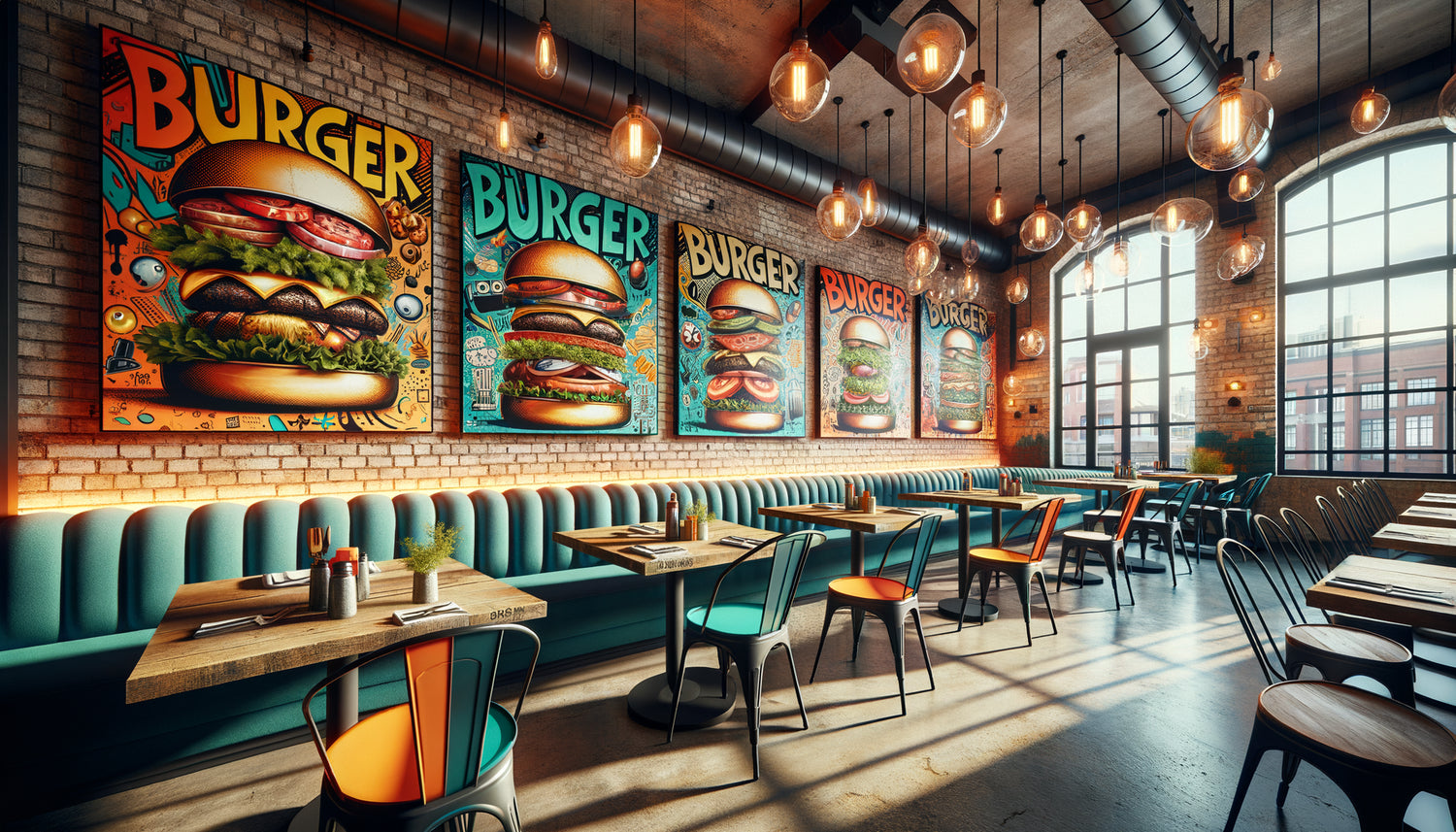 Intérieur de restaurant de burgers gourmet avec grands tableaux muraux street art urbains sur murs de briques
