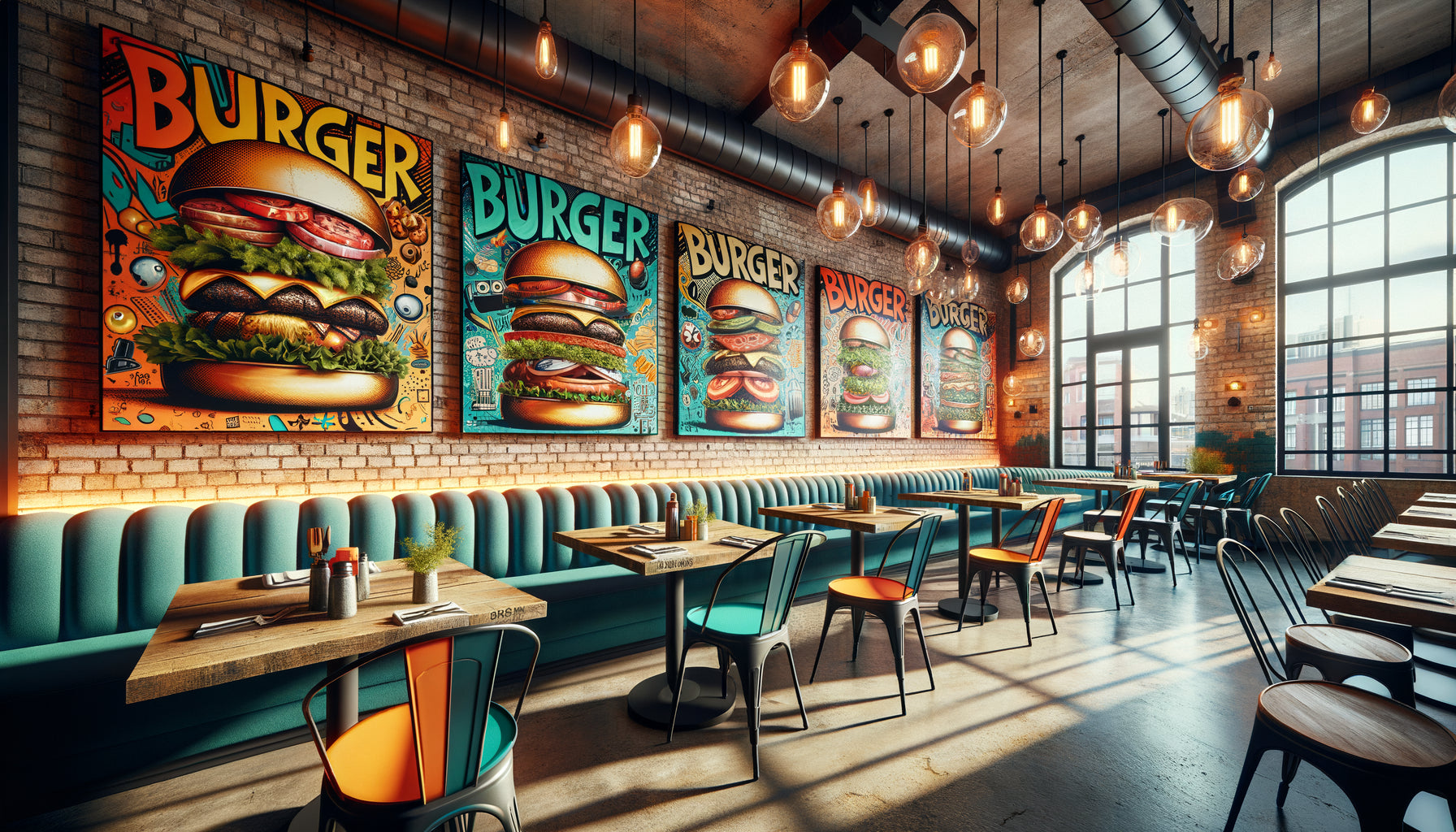 Intérieur de restaurant de burgers gourmet avec grands tableaux muraux street art urbains sur murs de briques