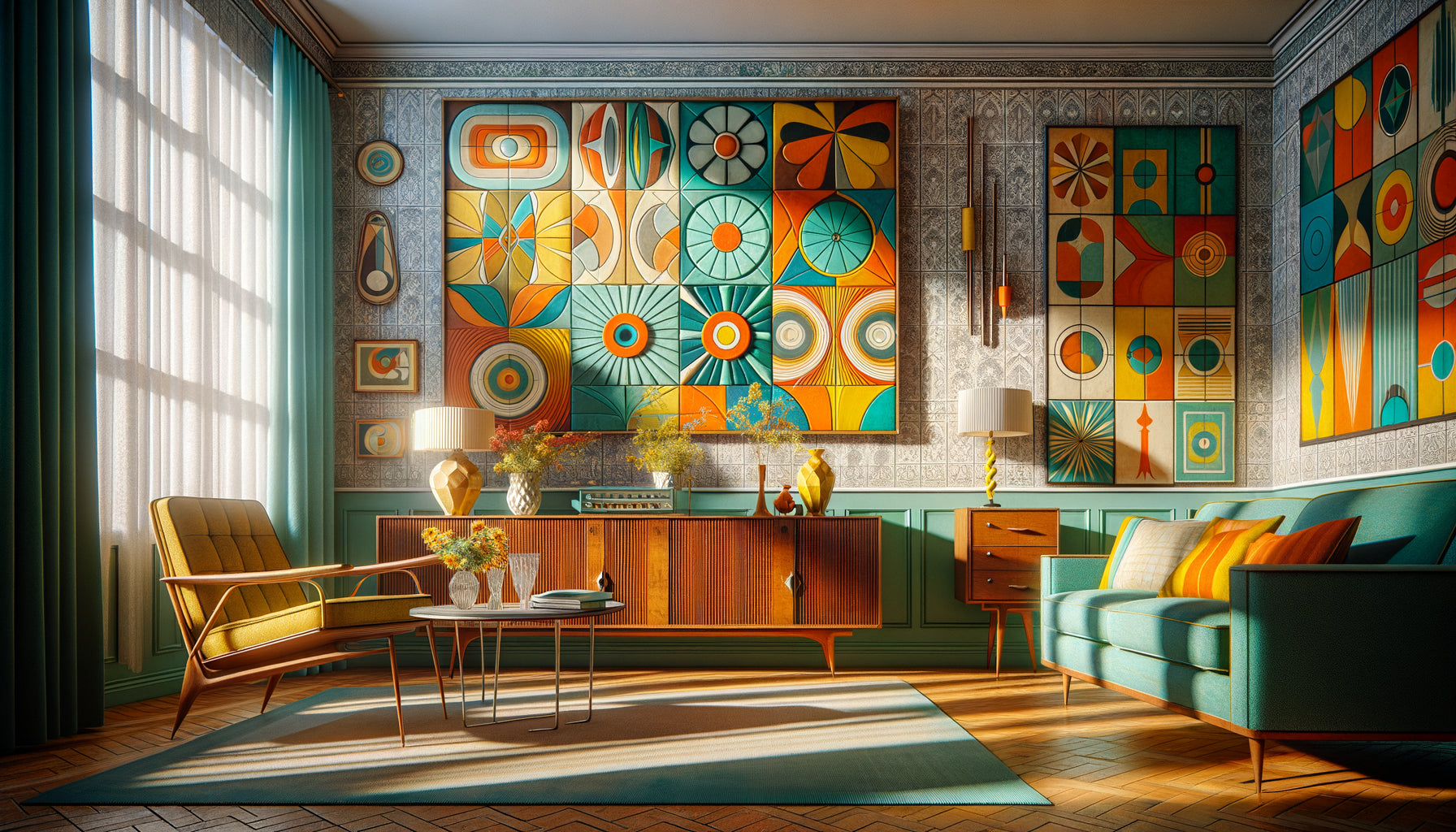 Intérieur années 1950 avec tableaux muraux décoratifs aux motifs géométriques colorés, esthétique optimiste de l'après-guerre