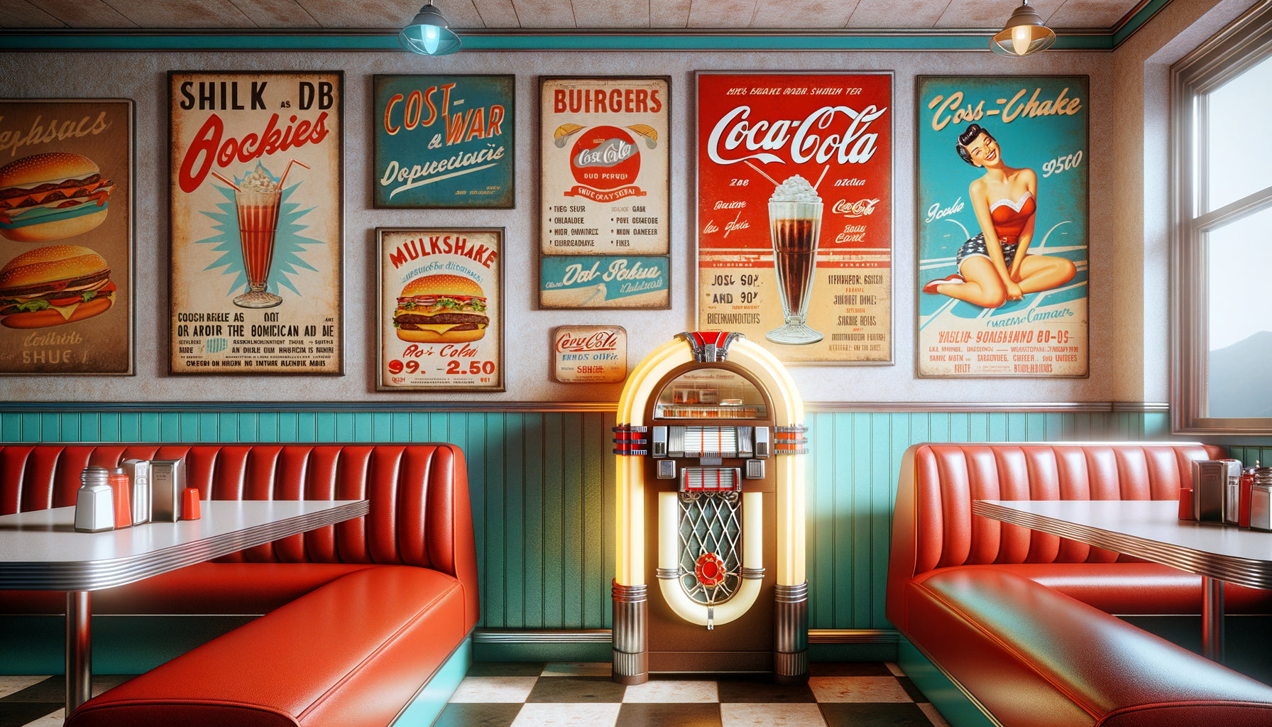 Mur de restaurant années 50 avec affiches publicitaires vintage authentiques et enseignes rétro chromées style diner américain