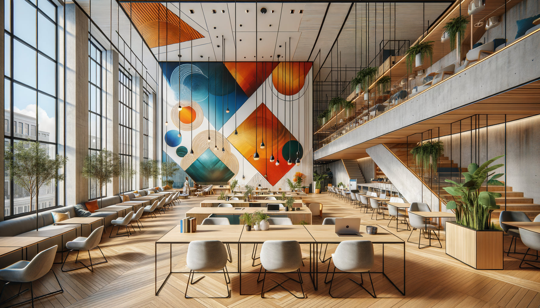 Espace de coworking moderne avec différentes zones fonctionnelles délimitées par des tableaux muraux aux palettes chromatiques distinctes