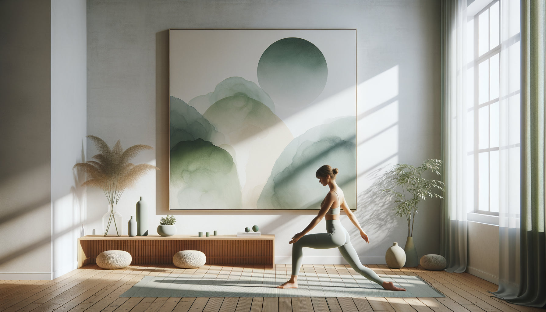 Studio de yoga contemporain avec tableau abstrait minimaliste aux tons apaisants sur mur blanc