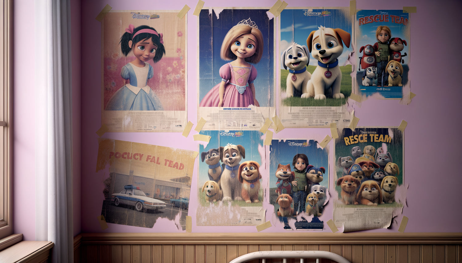 Mur de chambre d'enfant montrant l'évolution temporelle des posters de personnages de dessins animés remplacés au fil du temps