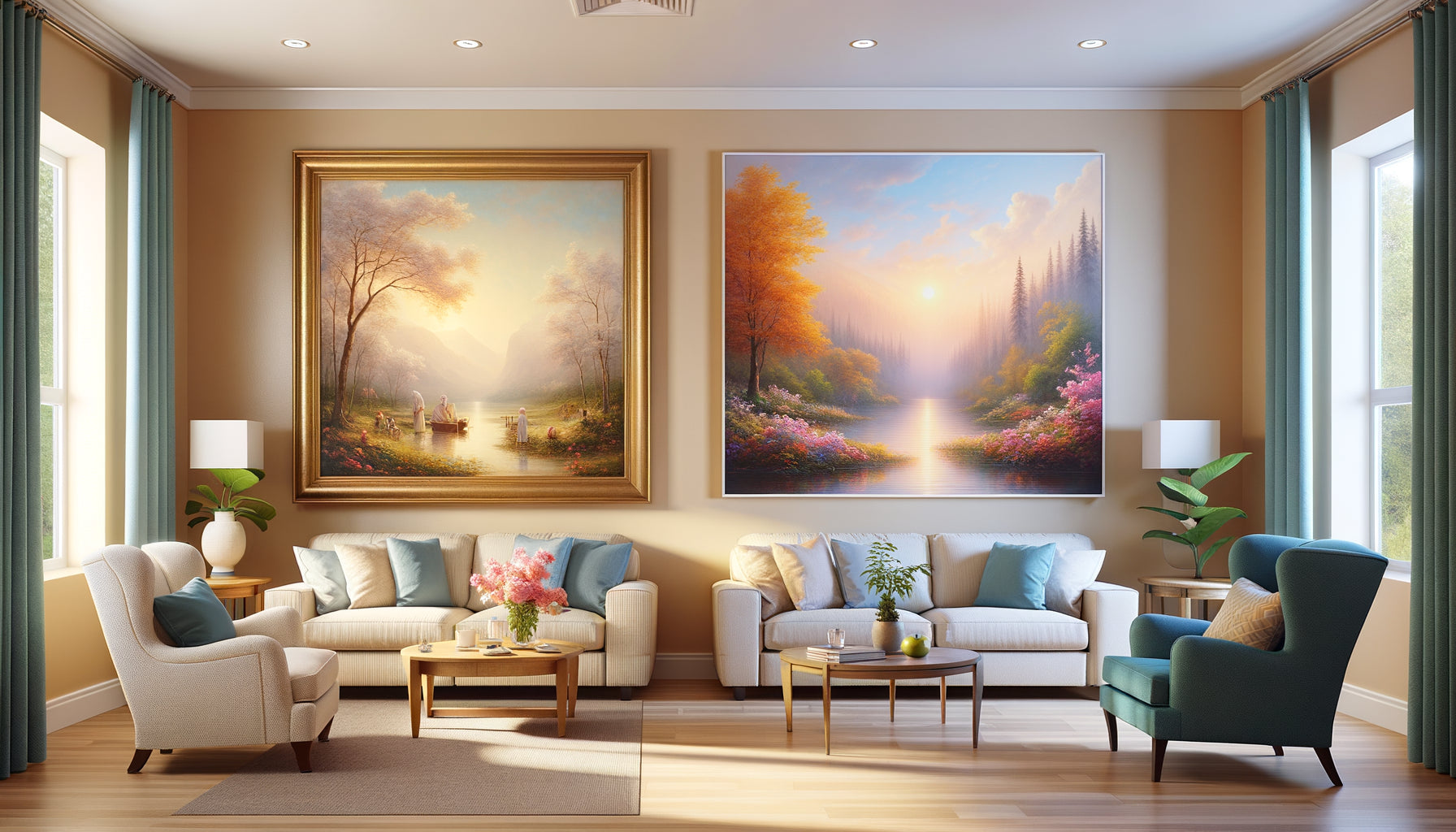 Comparaison tableau peint impressionniste et photographie encadrée dans salon de résidence senior moderne