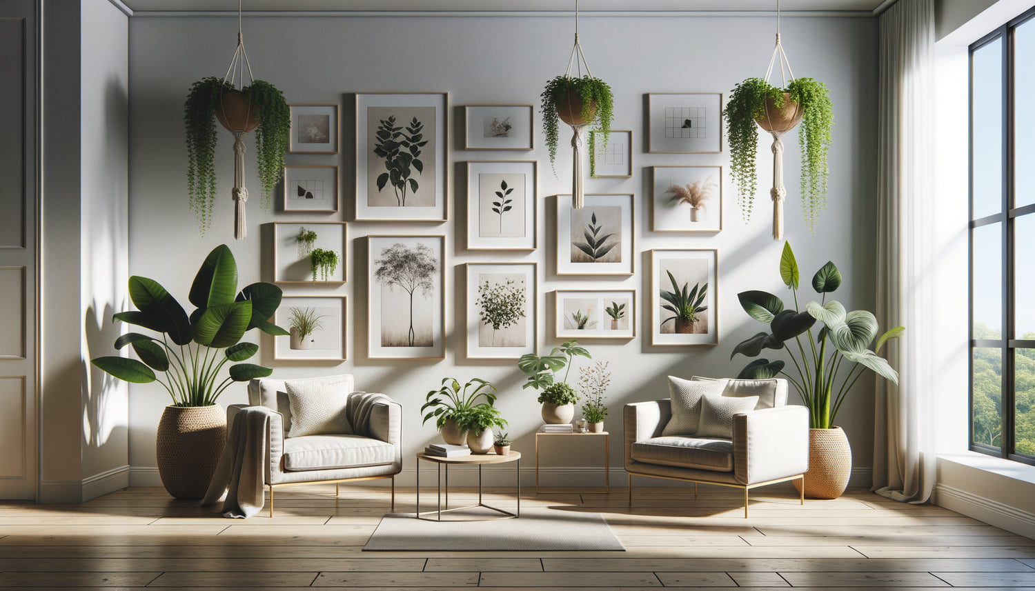 Composition murale harmonieuse associant tableaux de formats variés et plantes suspendues dans un intérieur contemporain
