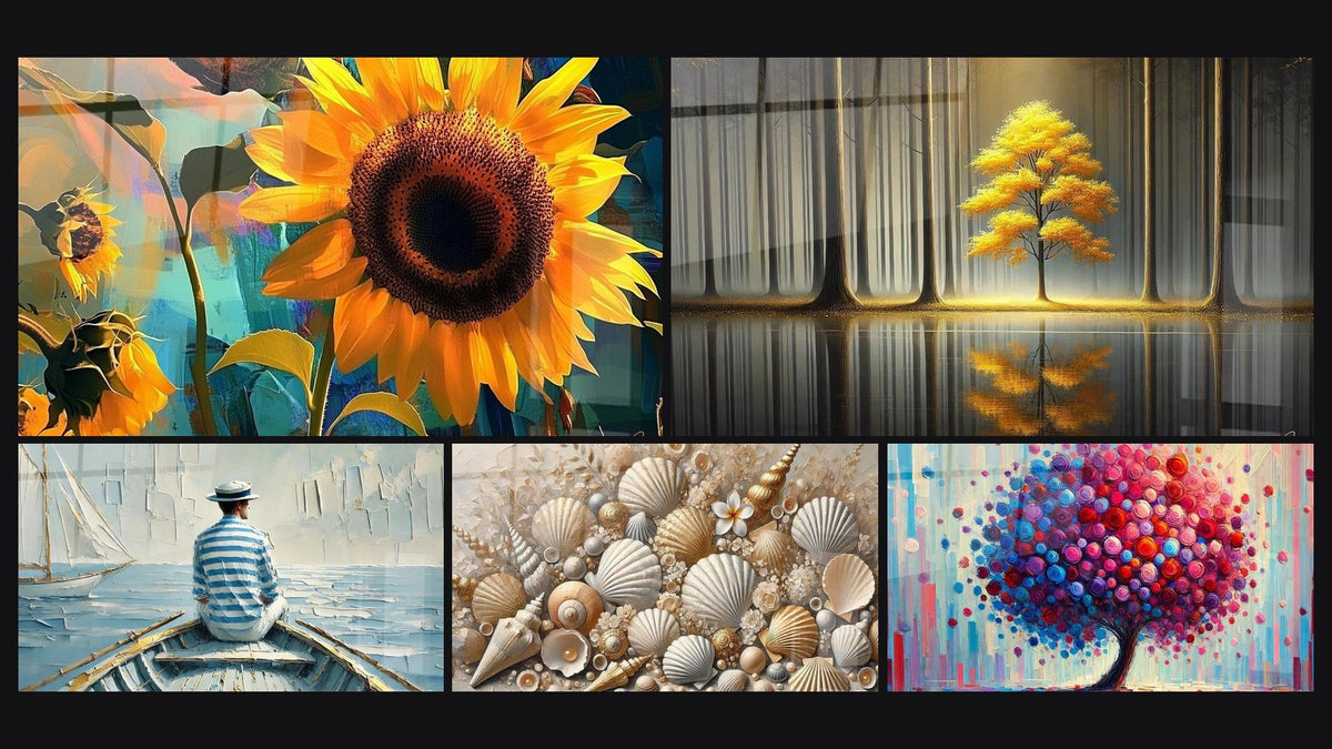 Mosaic of five paintings, including Sunflower Wall Art No. 1, The Art of Water and Jewels of the Sands